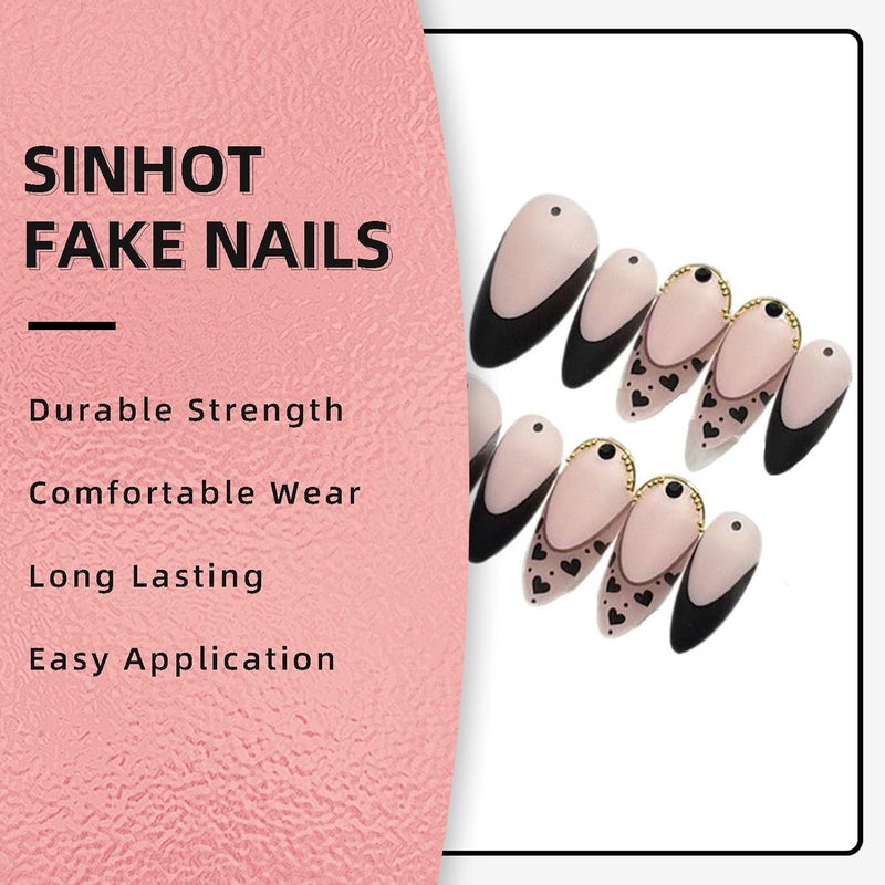 SINHOT French Tip Press on Nails Medium Almond Fake Nails Glossy False Nails Stiletto Glue on Nail with Design Cute Black Graffiti Full Cover Acrylic Nail (24Pcs,1 Glue) - Image 5